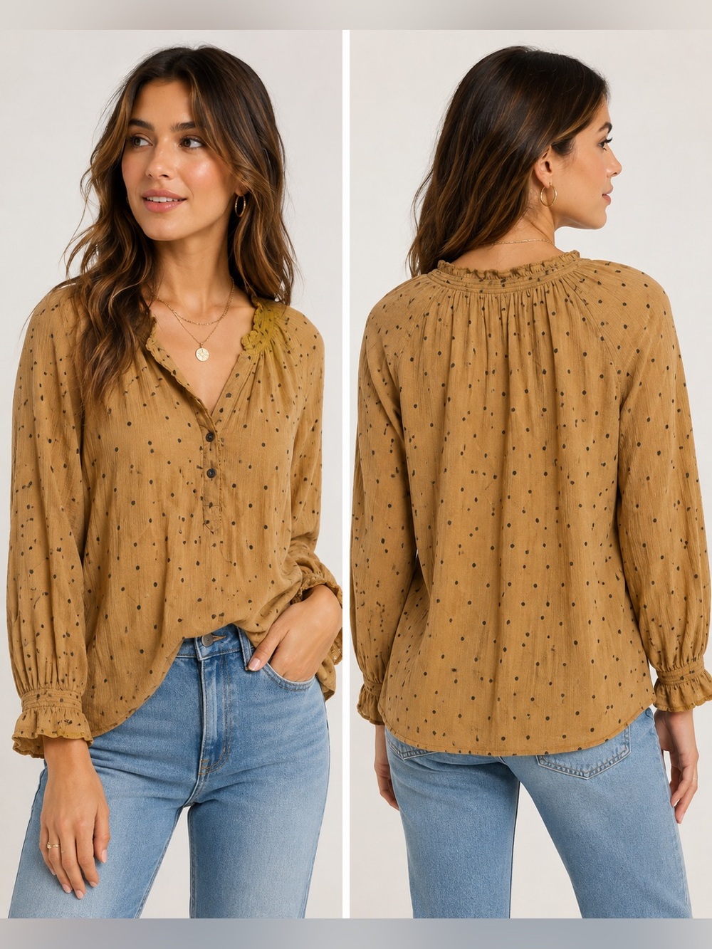 WT Wisdom Mustard Polka Dot Blouse Boho Ruffle Top XS NWT